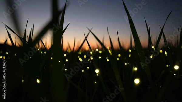 Fototapeta Glowing fireflies flicker through tall grass under evening sky, magical and dreamy atmosphere. Fireflies bring to life enchanting stillness of summer twilight. Shining lights and sparks on sunset