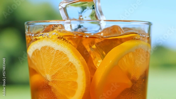 Fototapeta Glass of iced tea with orange slices and ice cubes sparkles under summer sun. This iced tea with cubes of refreshing ice radiates freshness, thirst-quenching appeal, and seasonal vibes