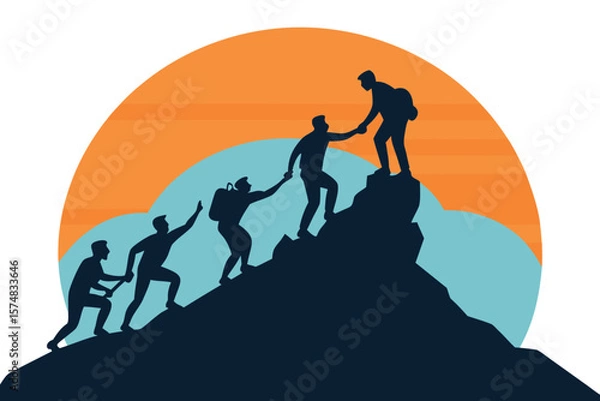 Fototapeta Climbing Team Silhouette People Helping Each Other Ascend a Mountain Peak Together with Sunset Backdrop