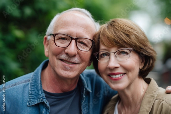Fototapeta Happy senior couple smiling at the camera outdoors, enjoying a moment together in a natural green setting