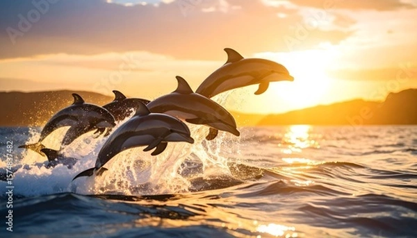 Obraz Dolphins Jumping Through Sparkling Sea Waters Against a Vibrant Sunset Sky