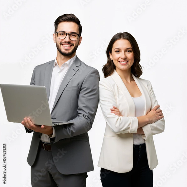 Fototapeta Professional Business Team with Laptop: Smiling Professionals isolated on a transparent background PNG.