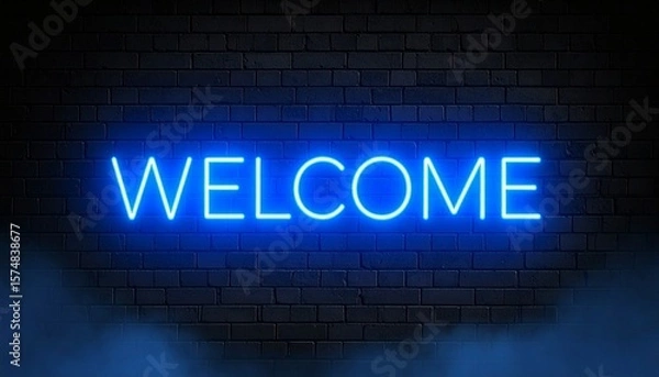 Obraz Glowing welcome neon sign illuminating a dark brick wall with inviting blue light