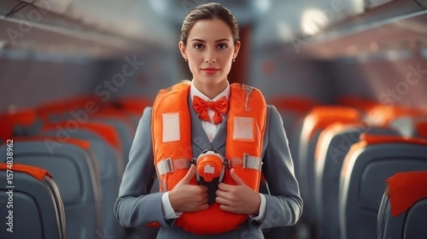 Fototapeta Flight attendant demonstrates safety procedures inside an aircraft cabin during pre-flight preparations