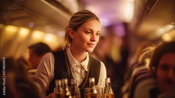 Fototapeta Flight attendant serves refreshments onboard an evening flight while passengers relax in their seats