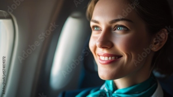 Fototapeta Flight attendant smiles warmly while assisting passengers on a flight during the day
