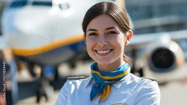 Fototapeta Smiling female flight attendant in uniform stands confidently in front of an aircraft at the airport during daylight