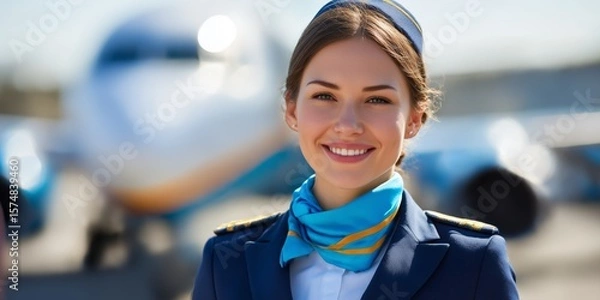 Fototapeta Smiling female flight attendant at an airport during daytime with airplane in background
