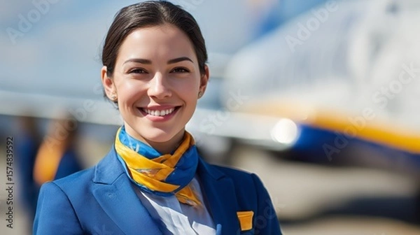 Fototapeta Smiling female flight attendant in uniform at the airport on a sunny day ready for departure