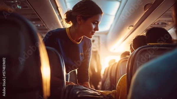 Fototapeta Flight attendant assists passengers on an evening flight in a warm and welcoming aircraft cabin atmosphere