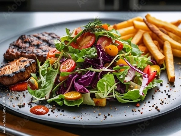 Obraz Grillteller mit saftigem Fleisch und großer Gemüse- / Salatbeilage