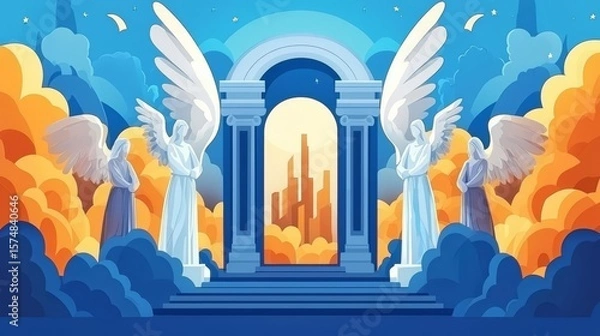 Fototapeta A mystical scene depicting angels and ornate architecture in vibrant colors, evoking a sense of divine beauty.