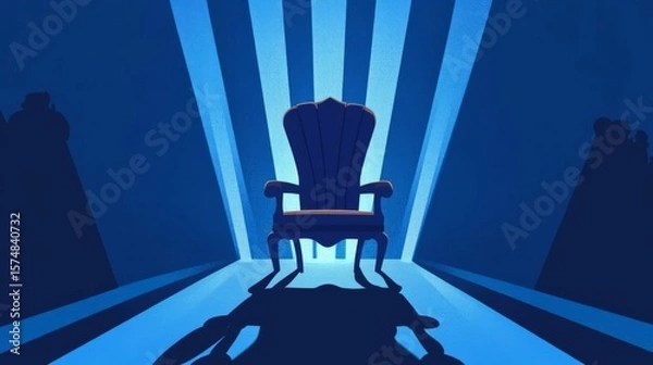 Fototapeta A dramatic show of a lone chair illuminated by rays of light in a blue background, symbolizing power and solitude.
