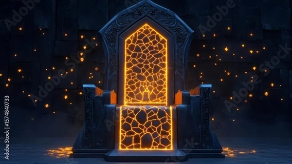 Fototapeta A stunning glowing throne crafted from ornate stone, set in an enchanting dark environment with sparks of light.