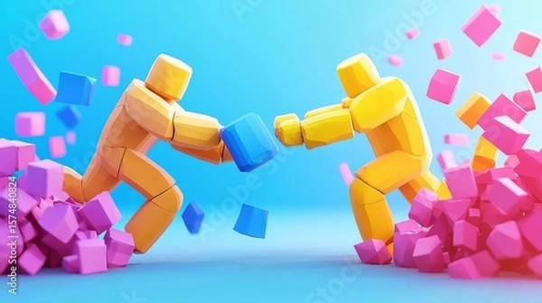 Fototapeta Colorful 3D figures engage in a playful clash, highlighting creativity and imagination with vibrant shapes and movements.
