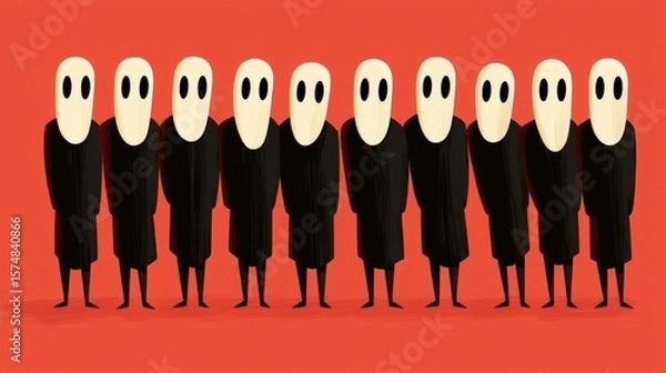 Fototapeta A group of faceless figures in black robes stands together against a vibrant red background, evoking mystery.