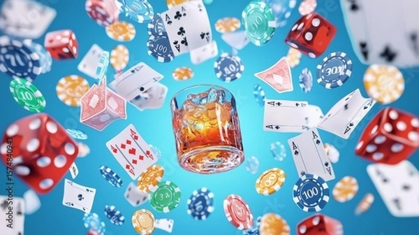 Fototapeta A dynamic composition of casino elements like dice, cards, and whiskey glass creating an exciting gaming atmosphere.