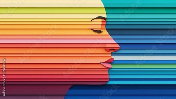 Fototapeta A vibrant illustration of a woman's profile filled with colorful stripes, symbolizing diversity and inner thoughts.