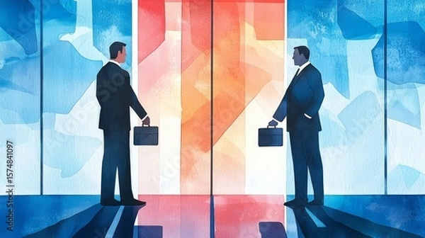 Fototapeta Two business professionals face each other, holding briefcases, in a vibrant and abstract corporate environment.