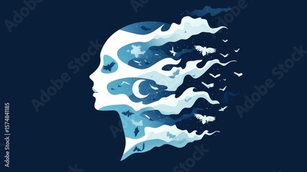 Fototapeta A surreal illustration of a woman's profile, blending nature and emotion in a captivating blue color scheme.