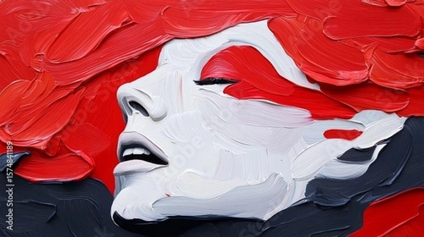 Fototapeta Vibrant abstract artwork featuring a woman's profile with bold red and white hues, evoking a sense of emotion.