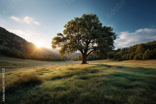 Fototapeta Majestic solitary tree in a vast green meadow illuminated by golden sunset light with mountains and forest background