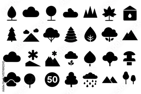 Fototapeta Collection of Nature Icons Trees, Mountains, Clouds, and Weather Symbols
