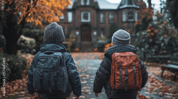 Fototapeta Two children with backpacks walking to school in autumn