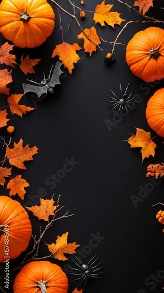 Fototapeta Autumn Halloween composition with vibrant orange pumpkins, fallen maple leaves, spooky bat silhouette, and creepy spider decorations on dark background