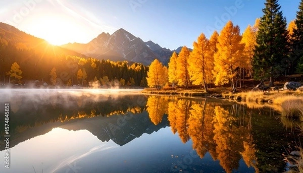 Obraz Golden Autumn Trees Reflected in Calm Mountain Lake at Sunrise