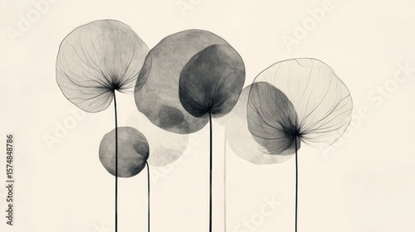 Obraz Abstract grayscale illustration of five translucent, round-shaped flowers with thin stems against a light beige background.