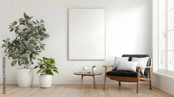 Fototapeta Serene interior featuring a minimalist aesthetic, illuminated by natural light streaming through a window. A comfortable chair is placed in the corner alongside two potted plants and an empty frame.