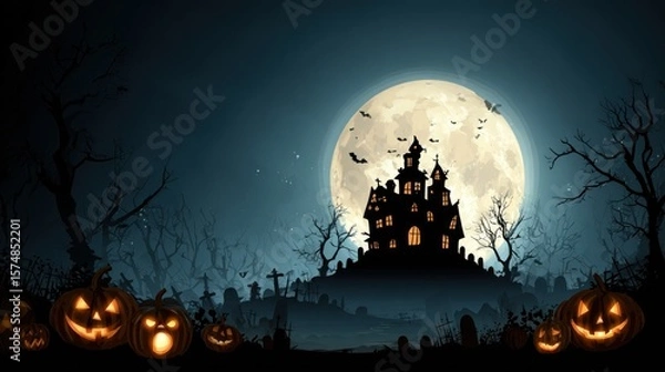 Obraz Spooky Halloween scene with haunted house, full moon, pumpkins, and graveyard