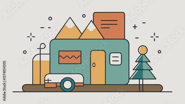 Obraz Minimalist illustration of a camper trailer in the mountains with trees and snow