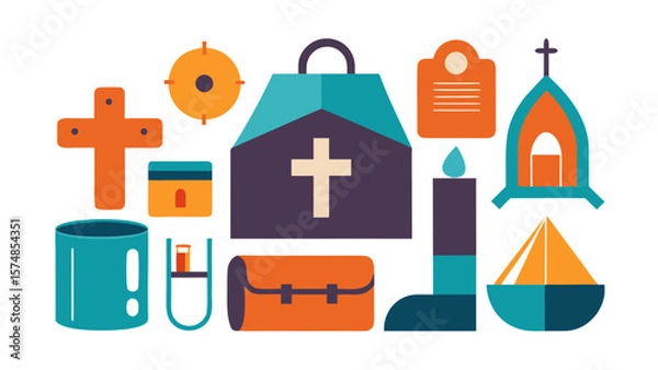 Obraz Flat design set of colorful Christian camp elements including crosses, churches, candle, and gear