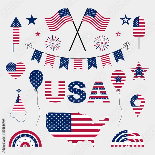Fototapeta Flat style icon set with patriotic American symbols: map, bunting, flag, party hat, star, and fireworks.