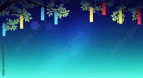 Fototapeta Enchanting Night Sky With Colorful Paper Lanterns Hanging From Tree Branches Underneath A Starry Cosmos