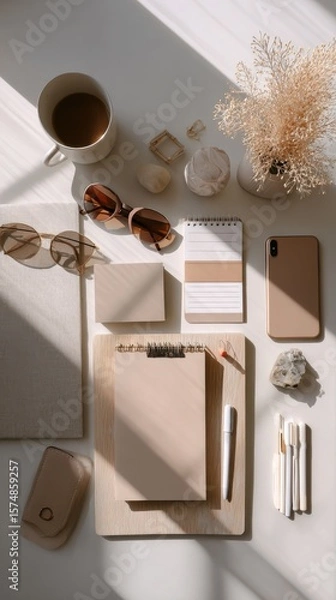 Fototapeta Beige Minimalist Flatlay of To Do Board and Desk Setup.