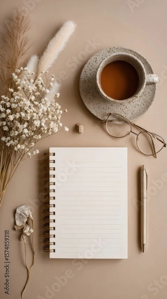 Fototapeta Beige Minimalist Flatlay of To Do Board and Desk Setup.