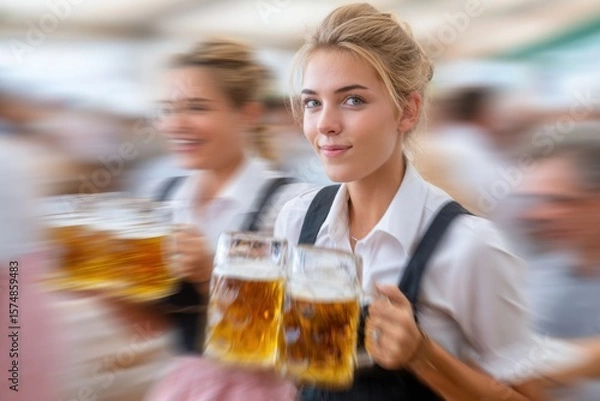 Obraz Young woman in traditional attire, carrying large beer mugs, surrounded by festive atmosphere, showcasing lively celebration and camaraderie during cultural event