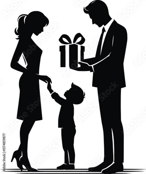 Fototapeta Parents giving gift box to child Vector Illustration isolated on a white background