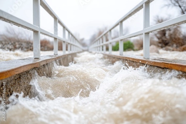 Obraz Flood damaging a small bridge during a natural disaster