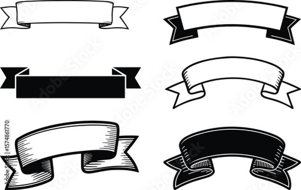 Obraz Vector art of a collection of six handdrawn vintage banners and ribbons in black and white