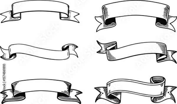 Obraz Vector art of a collection of six handdrawn vintage banners and ribbons in black and white