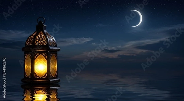 Fototapeta Glowing Ramadan Lantern on Calm Water Under Night Sky with Crescent Moon and Stars