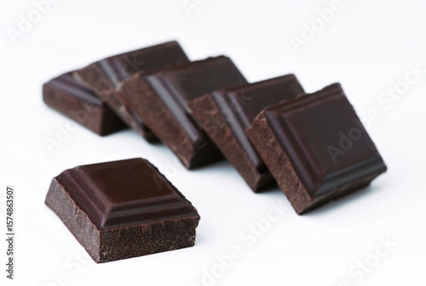 Fototapeta Dark chocolate pieces creating delicious composition on white background