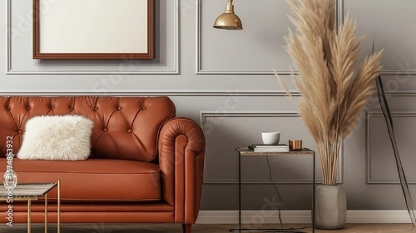 Obraz A realistic mock-up of a horizontal brown frame hanging in a classic living room with neutral tones, elegant furniture, and soft natural lighting. Timeless and refined interior style.