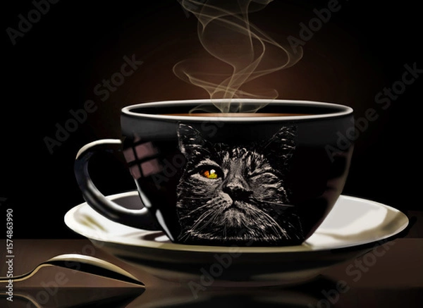 Obraz An eye opener in the morning starts with a cup of coffee.  This cup is decorated with a cat with one eye open as it tries to wake up. This is a 3-d illustration.