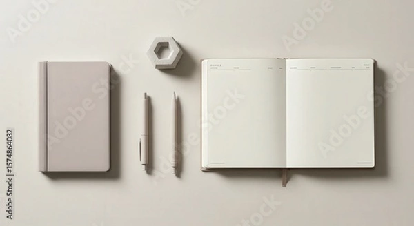Fototapeta Minimalist Workspace Arrangement with Notebook and Writing Tools