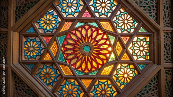 Fototapeta Colorful decagon stained glass window with wooden frame featuring floral patterns and geometric shapes creating vibrant and artistic design